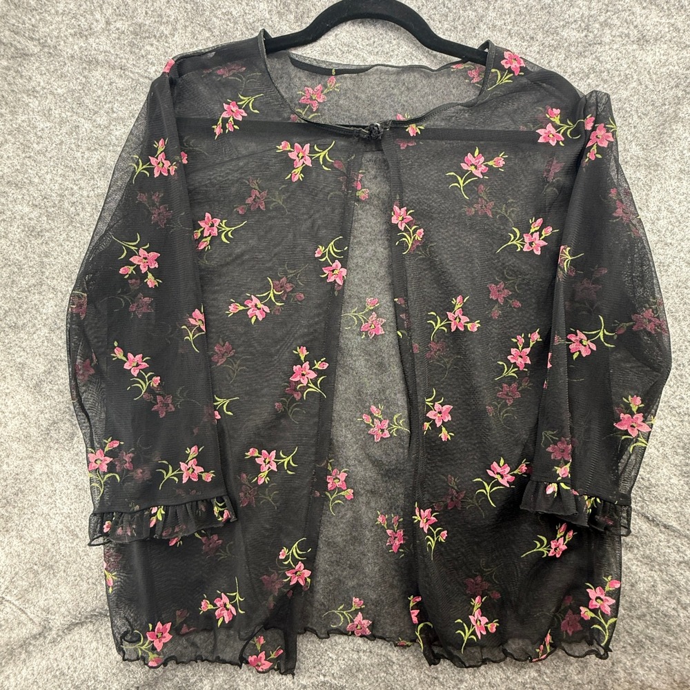 Sheer Mesh Floral Cardigan Women OS Black Pink 3/4 Sleeve Fairy Goth Whimsigoth
